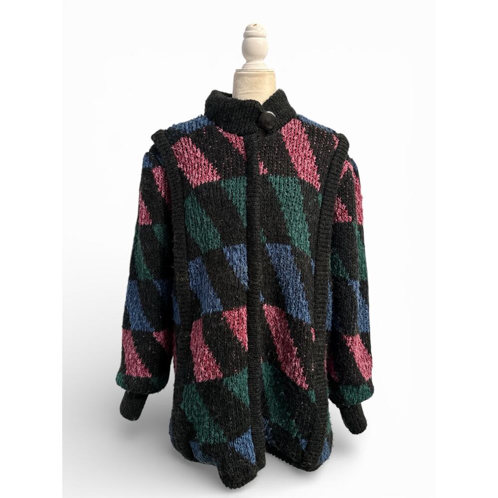 Lillian Lorow 1980s Knit Jacket Geometric Cardigan Abstract Pink Green Blue -LG